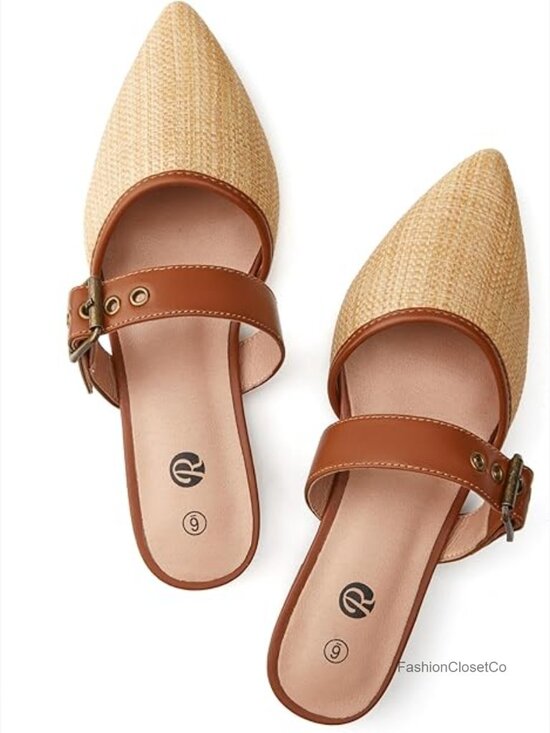 Shoes - Natural Raffia Woven Pointed Toe Mule Flats with Adjustable Buckle